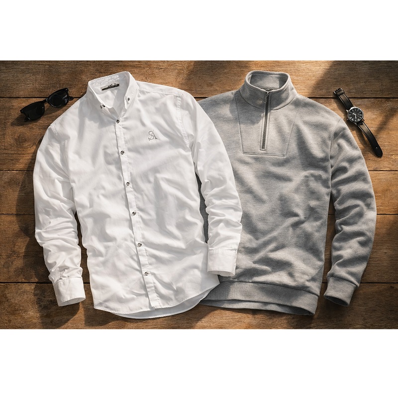 پکیج دورس مردانه نیم زیپ مدل Behbod-طوسی  پیراهن مردانه سفید VQویژه